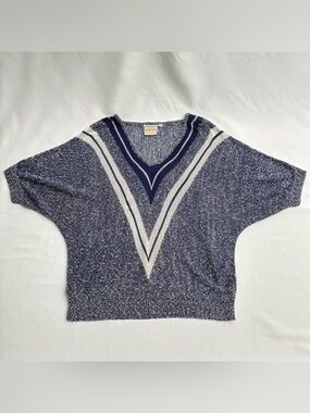 Vintage 1970s 80s Eaton Women’s Varsity Stripe V-Neck Sheer Mesh Sweater Medium